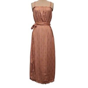 Splendid Collection Pink Gold Foil Embroidered Maxi Dress Belted Feminine Boho S